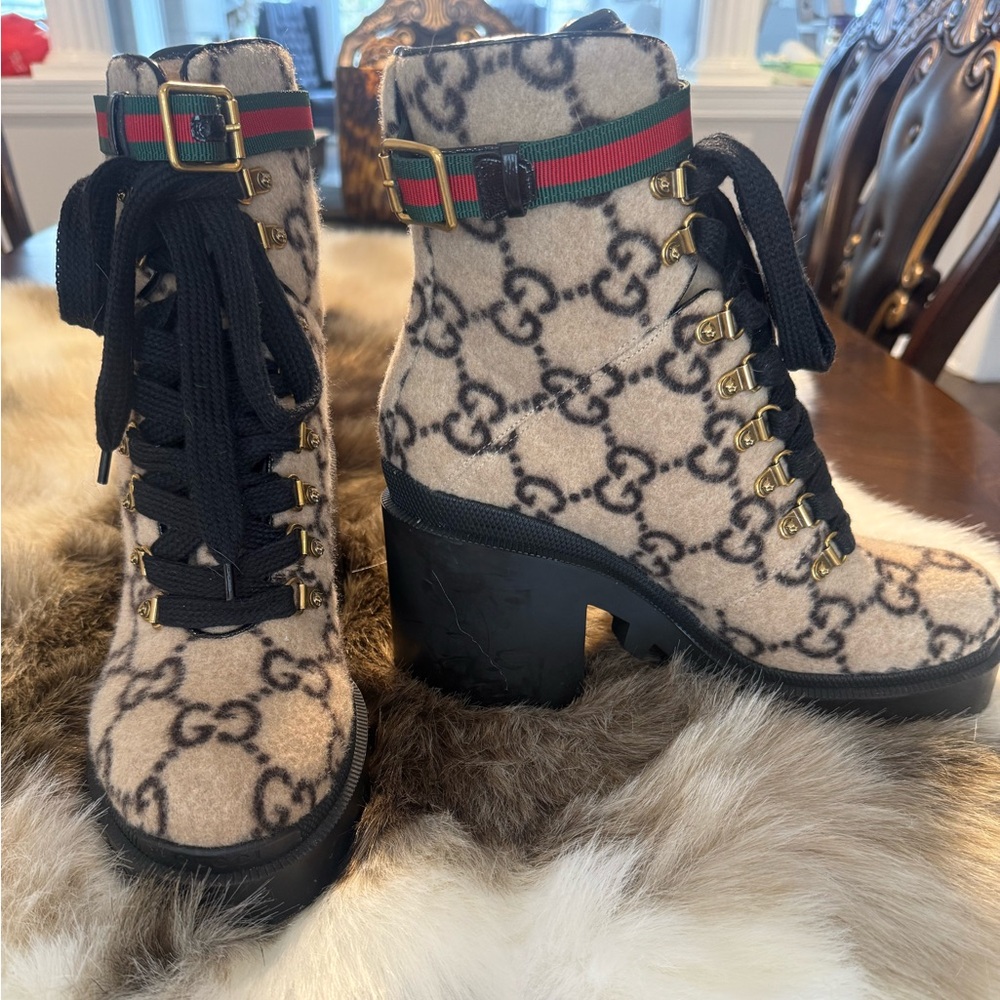 Gucci Wool GG Monogram Womens Lace Up Combat Ankle Boots
